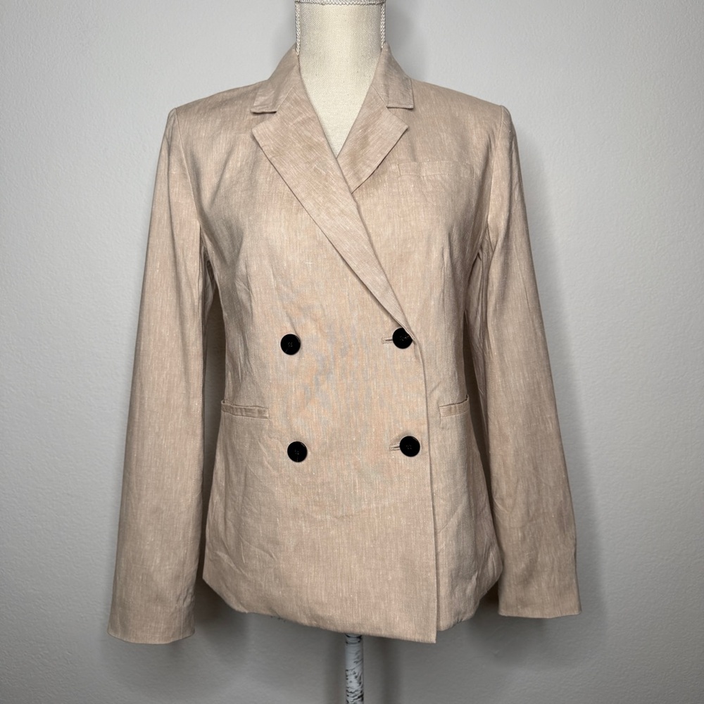 Theory Blazer Piazza Linen Blend Tan Cream Double Breasted Tailored Size 4